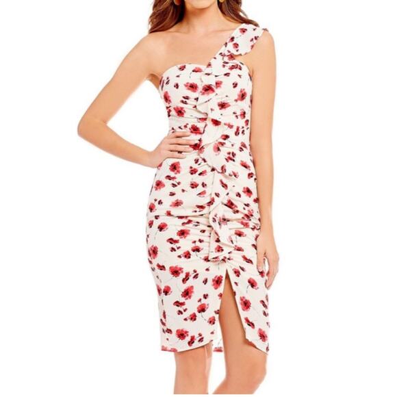 Lucy Paris One Shoulder Midi Dress Cream Red Floral Ruffles Feminine Cocktail L - Picture 2 of 16